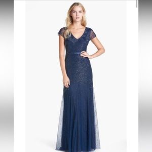 Navy blue beaded cap sleeve gown. Adrianna Pappell, size 14.